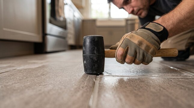 Kitchen tile mallet adjustment, tiler tapping floor tile into position, cabinet remodel detail with aligned joints and soft daylight