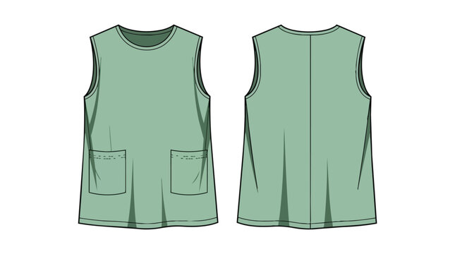 Women Sleeveless Sage Green Tunic with Two Front Pockets Technical Apparel Flat Sketch Fashion Design Template