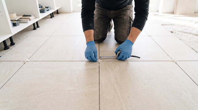 Kitchen tile spacing check, installer measuring equal gaps between ceramic floor tiles, clean grid geometry for professional remodeling quality