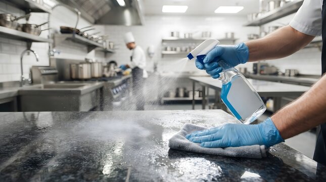 Hands Wiping Kitchen Counter with Spray Bottle Fine Mist on Clean Granite Surface