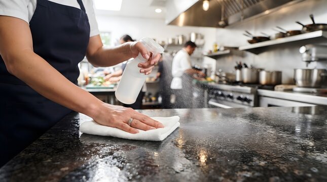 Hands Wiping Kitchen Counter with Spray Bottle Fine Mist on Clean Granite Surface