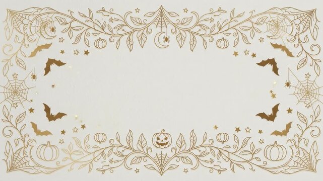 Elegant gold Halloween frame border with bats, spiderwebs and pumpkins, animated background