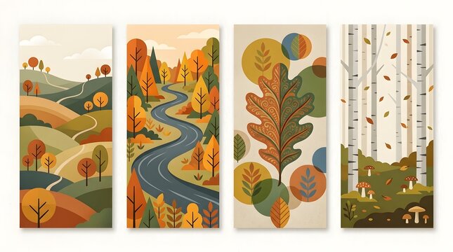Set of four vertical banners featuring beautiful autumn landscapes with colorful trees and winding forest paths