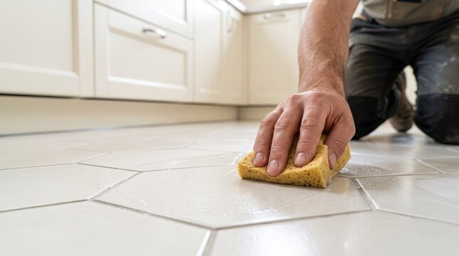 Fresh kitchen grout cleanup, installer wiping ceramic floor with damp sponge, final tile installation cleaning beside new cabinets