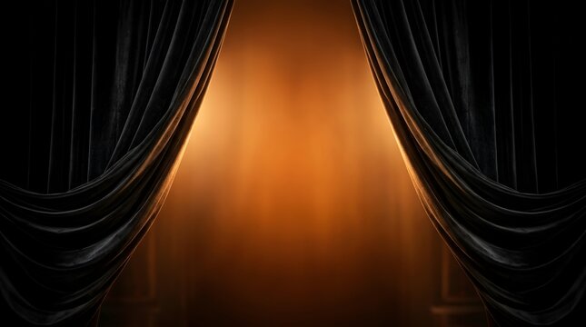 Dramatic theater stage with heavy black velvet curtains pulled back to reveal a warm glowing golden spotlight