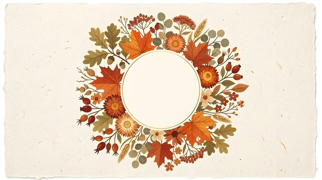 Watercolor autumn wreath with colorful fall leaves and berries on a white background with empty center space