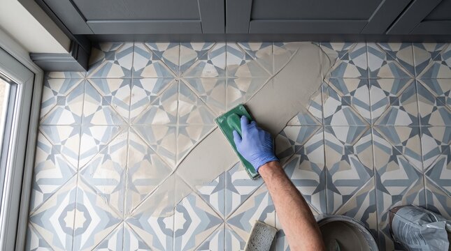 Patterned kitchen floor grouting, tiler filling geometric tile joints, square overhead finishing detail beside cabinet toe kick