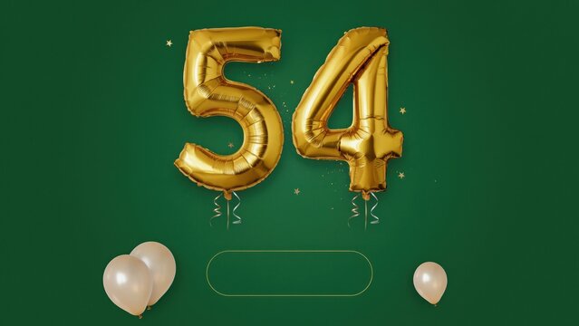 Golden number 54 foil balloons on green background. Fifty-four year anniversary celebration. 54th birthday party decor.