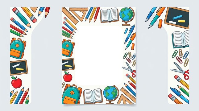 Back to school border frame with colorful hand drawn stationery items and educational supplies on white background