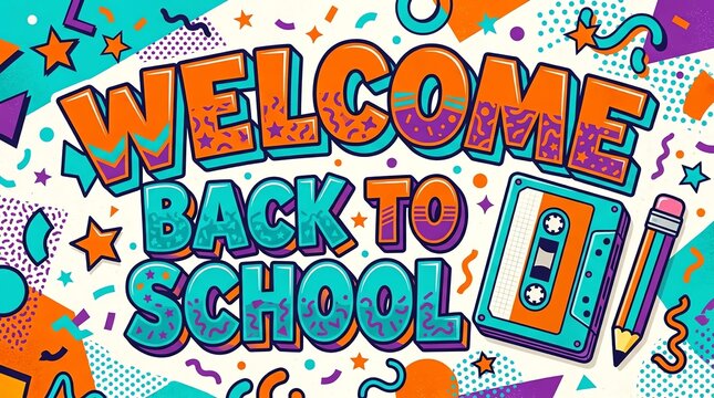 Colorful welcome back to school typography design with retro 90s style graphics and abstract confetti elements