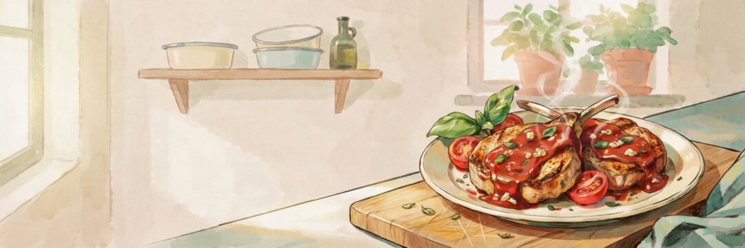 A national dish of Italian cuisine. 
Pizzaiola-style pork chops &mdash; juicy meat stewed in a flavorful tomato sauce with garlic, oregano, and melted mozzarella. A banner with space for text. 