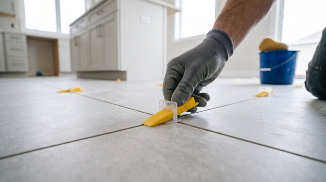 Kitchen tile leveling system, worker pressing wedge between large floor tiles, close technical installation detail near island base