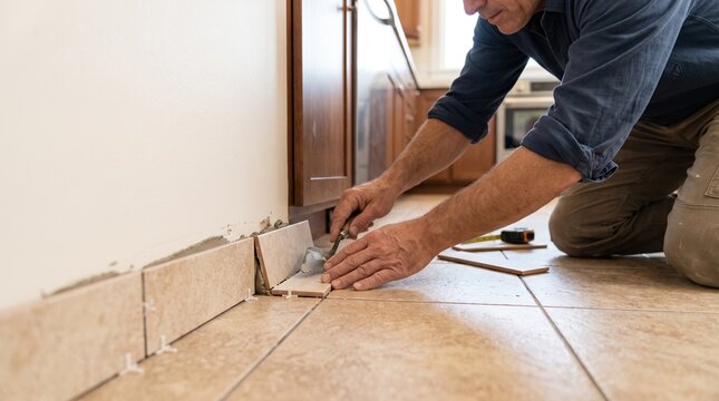 Kitchen border tile fitting, installer placing narrow floor pieces along cabinet wall, precise finishing edge detail in residential remodel