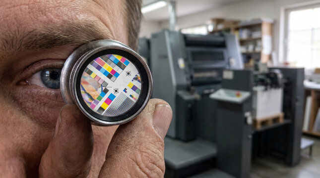 Close-up of a designer looking through a loupe magnifier at a colorful print proof sheet to check color accuracy and quality in a printing press environment. Detailed.