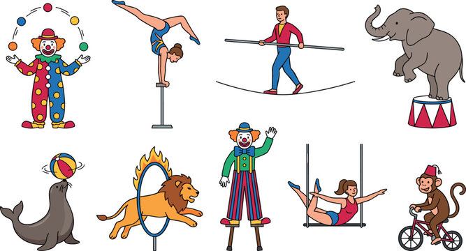 Circus Performance Characters and Animal Acts Vector Set with Clowns, Acrobats, Tightrope Walkers, Trained Animals, and Carnival Entertainment Illustrations