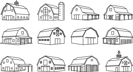Obraz premium Set of farm barn line icons representing agricultural buildings and rural architecture for various landscape design projects