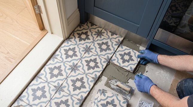 Patterned kitchen floor tiles, tiler aligning decorative geometric design near cabinets, stylish square renovation detail for interior design