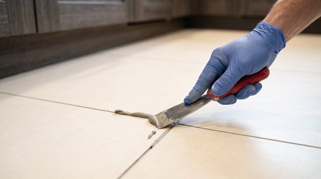 Kitchen adhesive cleanup, worker scraping excess mortar from tile joints before grouting, close flooring quality control detail near cabinets