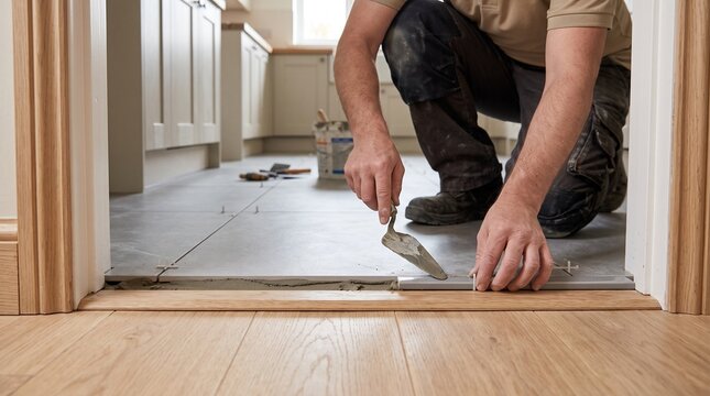 Kitchen doorway tile edge, tiler placing trimmed border pieces at threshold, clean remodeling detail with precise floor alignment