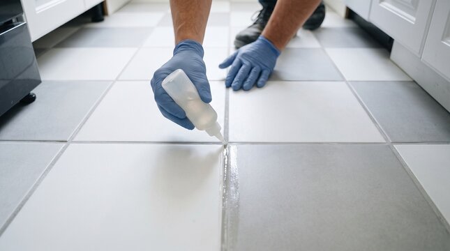 Kitchen grout sealing, installer applying clear sealer along new floor joints, close maintenance protection detail after tile installation