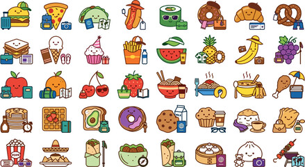Obraz premium Funny traveling food character set with 40 colorful kawaii tourist snack mascots carrying luggage for branding design