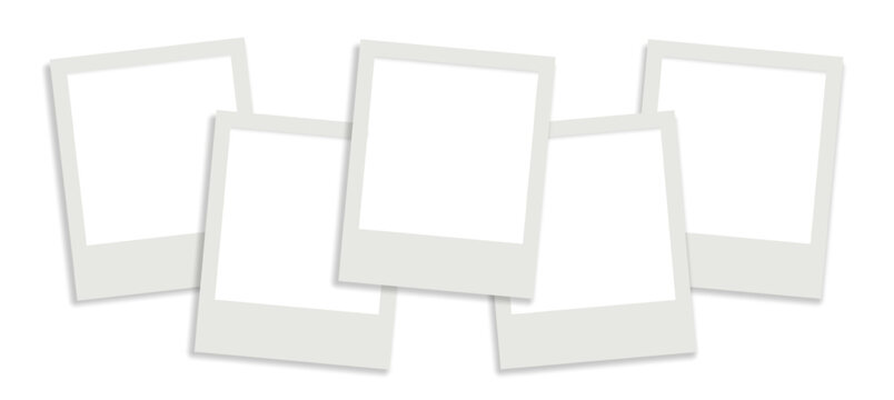 Collection of five blank instant photo frames arranged in an overlapping collage on a clean white background, featuring subtle rotation and soft shadows for photo mockups, memory displays, scrapbooks
