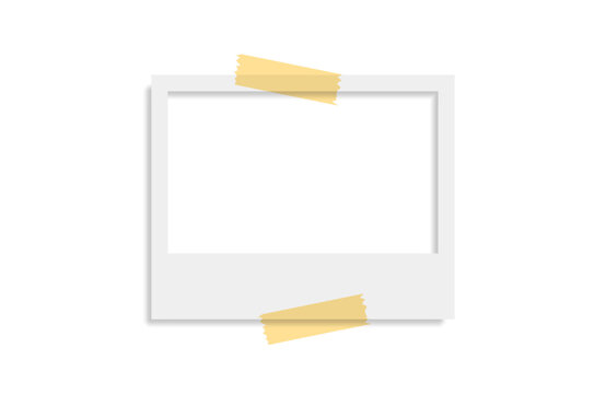 Blank landscape photo frame secured with beige masking tape on a clean white background, featuring a soft shadow and large empty space for photo mockups and scrapbook projects