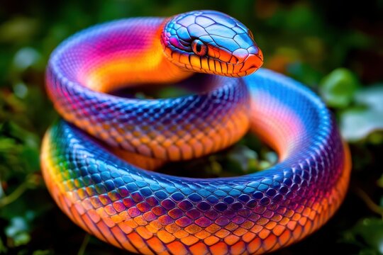 A colorful rainbow snake that intertwines gracefully on dark background