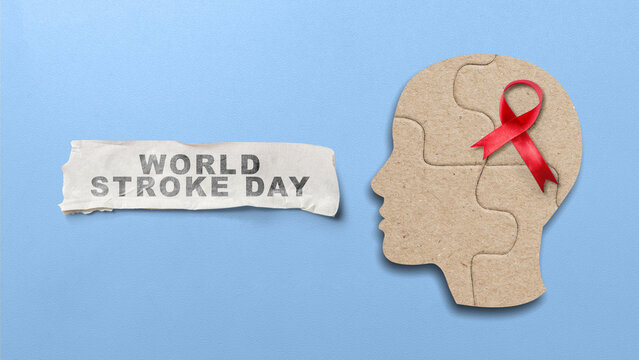World Stroke Day concept image featuring a text banner and cardboard jigsaw puzzle head with a red ribbon on a blue background. World Stroke Day Awareness Campaign Concept