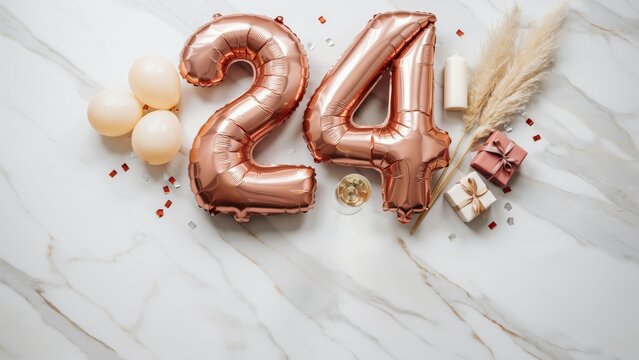 Rose gold number 24 balloons for birthday celebration. Elegant 24th anniversary party decor on marble background with pampas grass and gifts.
