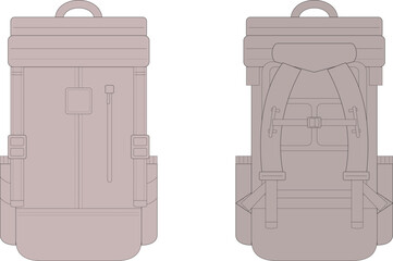 Fototapeta premium Roll Top Backpack Technical CAD Drawing Front and Back View Editable Vector TemplateRoll Top Backpack Technical CAD Drawing Front and Back View Editable Vector Template