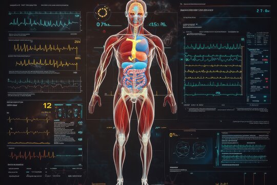 A medical interface showing a 3D model of a human body and health telemetry charts
