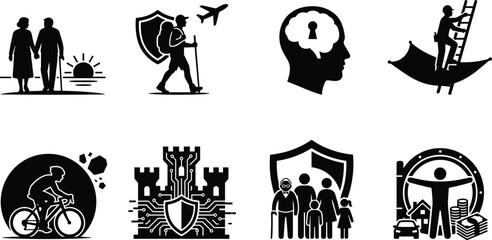 Naklejka premium Life and Asset Insurance Icon Set Featuring Retirement Travel Cyber Security Safety and Financial Protection Vector Concepts