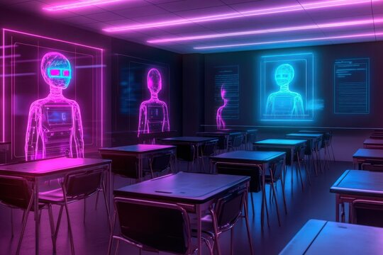 A futuristic classroom where glowing artificial intelligence tutors interact with students