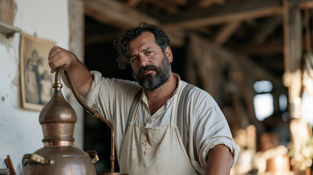 Essential oil distiller stirs a copper alembic in a rain soaked barn doorway, pausing to look at a faded family photograph pinned to the wall beside the still, the before and