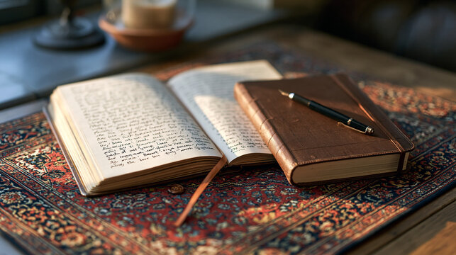 A single aged journal open to handwritten poetry pages photographed in golden hour window light, print-on-demand publishing concept, senior creative writing class, solo creative