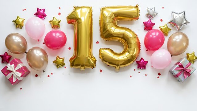Golden number 15 foil balloons for birthday celebration, pink and gold party decorations with gifts, festive anniversary background
