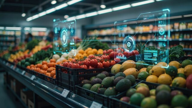 Fresh produce in a supermarket with futuristic digital data overlays. Concept for smart retail technology and grocery inventory management systems.