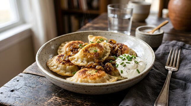 Delicious pierogi dumplings served with sour cream and chives on rustic table