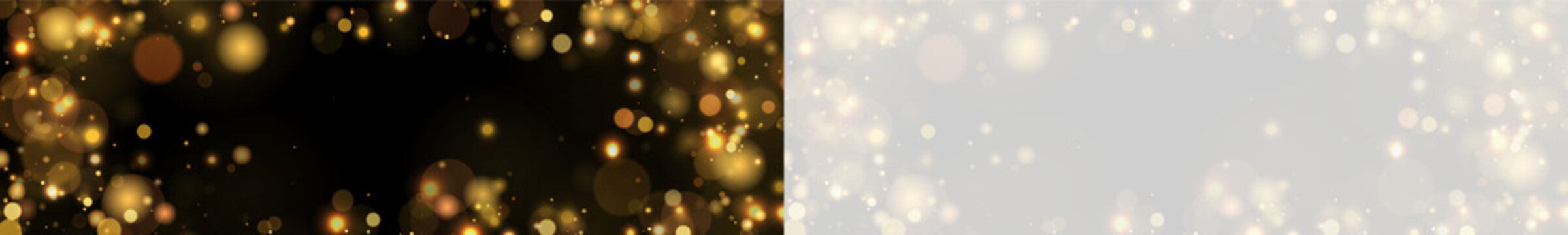 Scattered golden bokeh lights with glowing orbs on a dark background and transparent overlay on transparent background