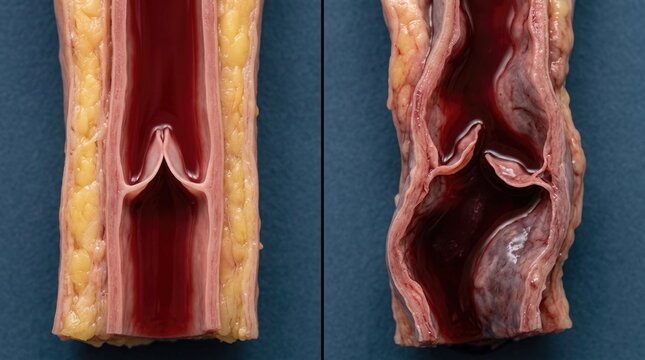 Human anatomy study: healthy vessel, varicose vein, vascular problem, improper valve, impaired circulation, internal damage, medical condition, disease progression.