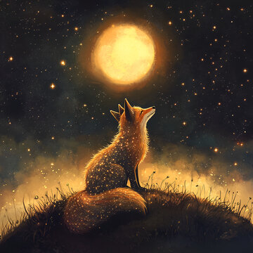 A stunning fox looking up at a luminous moonlit sky adorned with countless twinkling stars