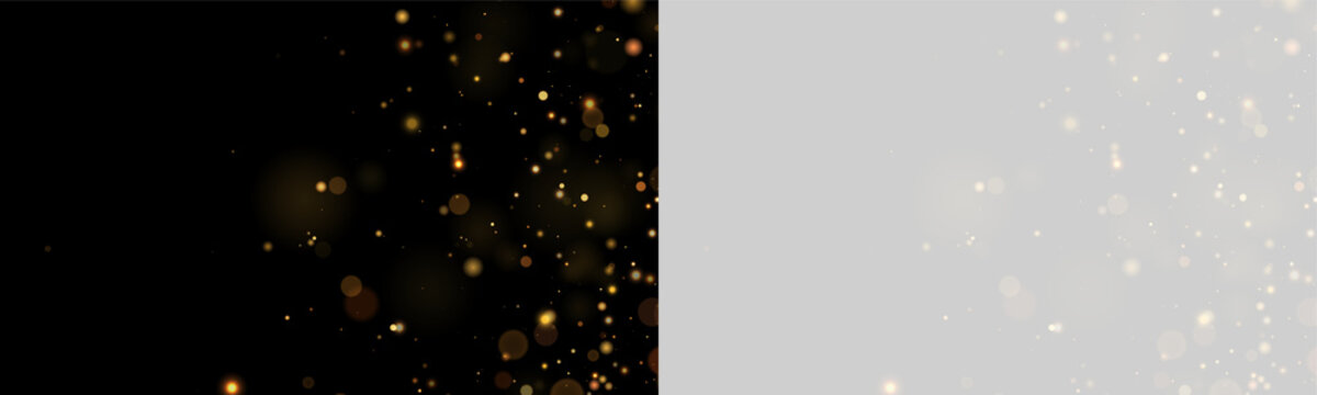 Scattered golden bokeh lights with soft glowing orbs fading into a transparent background on transparent background