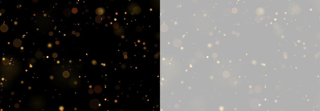 Scattered warm golden bokeh lights with soft glowing circles on black and transparent backgrounds on transparent background