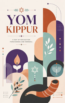 Yom Kippur Greeting Poster Featuring a Traditional Shofar, Jewish Prayer Shawl, Candles, Botanical Branches and Abstract Decorative Elements