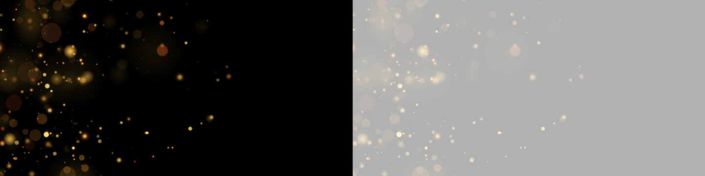 Scattered golden bokeh light particles fading diagonally against black and transparent backgrounds on transparent background