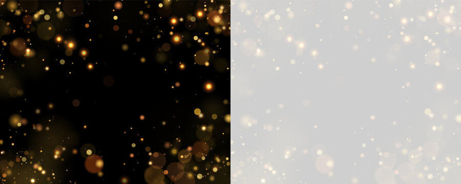Scattered golden bokeh lights glowing with warm soft focus on black and transparent backgrounds on transparent background