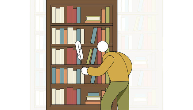 Person using a white feather duster to clean books on a large wooden shelf in a library.