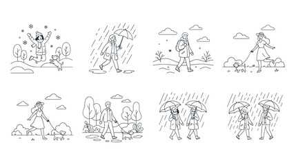 Fototapeta premium People walking in different weather conditions outline drawings.