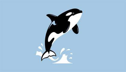 Naklejka premium Majestic black and white killer whale jumping high out of the blue sea with splashes of water against a solid background.